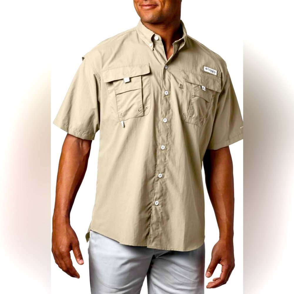 COLUMBIA GRAY Men’s PFG Short Sleeve Fishing Shirt UPF 30 Vented Large